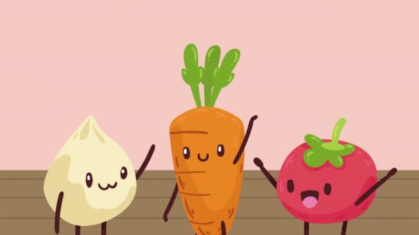 Verduras Frescas Kawaii Personajes Animación Video Animado — Vídeo de stock