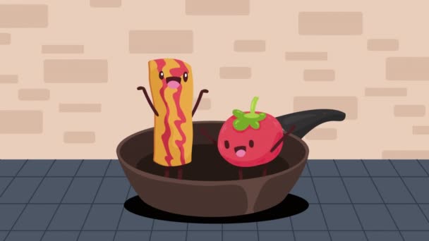 Speck Und Tomaten Pfanne Kawaii Zeichen Video Animiert — Stockvideo