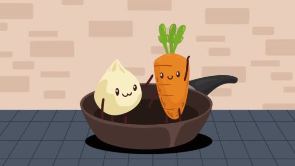Karotten Und Knoblauch Pan Kawaii Animation Video Animiert — Stockvideo
