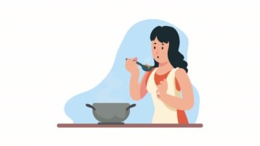 Ot karakterli kadın yemek pişirme, 4k video animasyonu