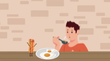 Adam kaşık karakter animasyonu ile yemek pişiriyor, 4k video animasyonu.