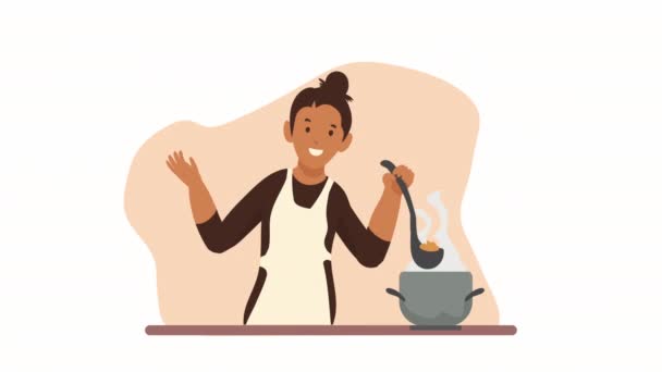 Žena Vaření Polévka Charakter Animace Video Animované — Stock video