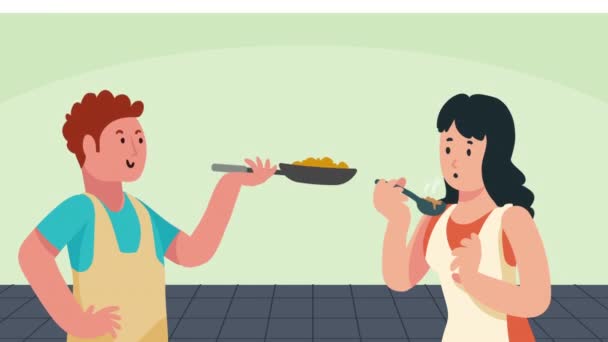 若いカップル料理キャラクターアニメーション4Kビデオアニメーション — ストック動画