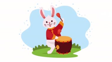 Davul chuseok animasyonlu tavşan, 4k video animasyonu