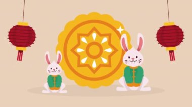 fenerler asılı ve tavşanlar chuseok kutlaması, 4k video animasyonu