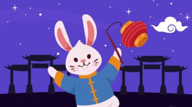 Fener chuseok animasyonlu tavşan, 4k video animasyonu