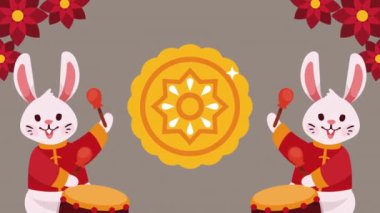 Davul animasyonlu chuseok tavşanları, 4k video animasyonu