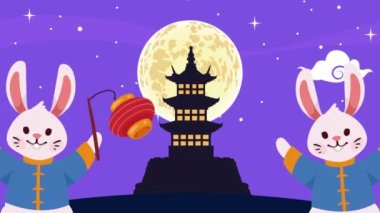 chuseok tavşanları ve pagoda animasyonu, 4k video animasyonu