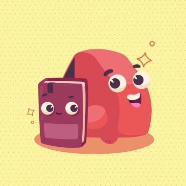 okul çantası ve kitap Kawaii karakterlerini besliyor.