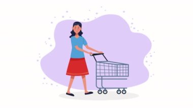 woman with shopping cart market animation ,4k video animated