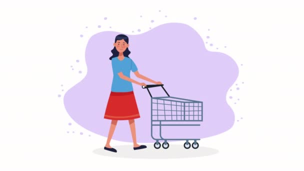 妇女与购物车市场动画 4K视频动画 — 图库视频影像