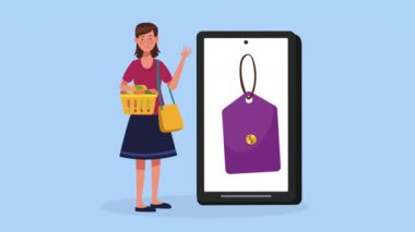woman with shopping basket and cellphone ,4k video animated