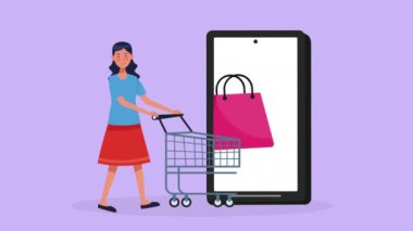 woman with shopping cart market animation ,4k video animated