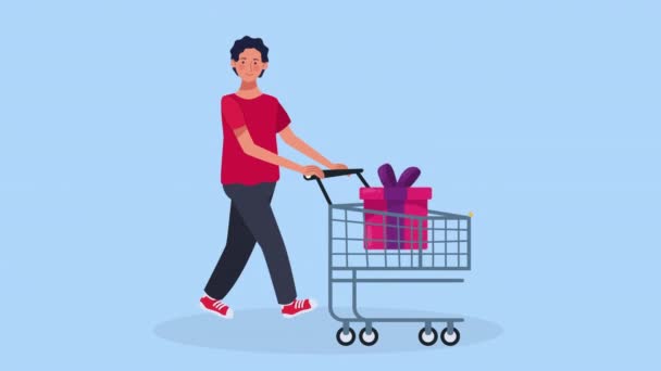 Man Shopping Cart Market Animation Video Animated — Stok video