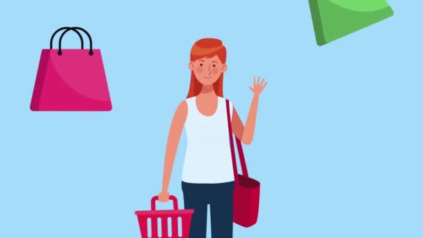 Woman Shopping Basket Shopping Bags Video Animated — Vídeo de stock