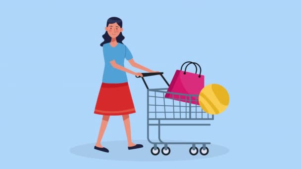 Woman Shopping Cart Market Animation Video Animated — Stok video