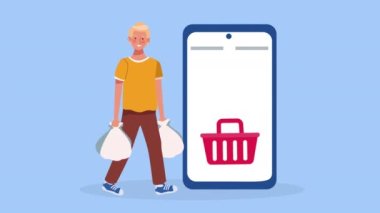 blond man with shopping basket character animation ,4k video animated