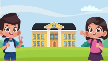 little students couple in the school characters ,4k video animated