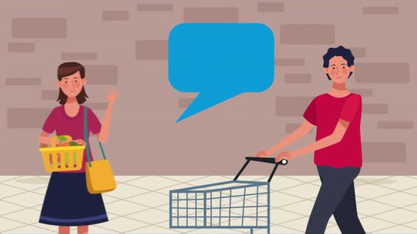 Couple Shopping Cart Market Animation Video Animated — Stok video