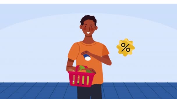 Man Shopping Basket Character Animation Video Animated — Stok video