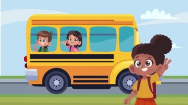 little students kids in bus stop animation ,4k video animated