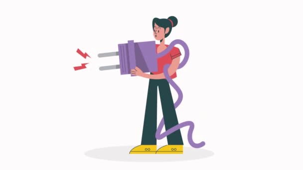 带电线连接器插头的妇女 4K视频动画 — 图库视频影像
