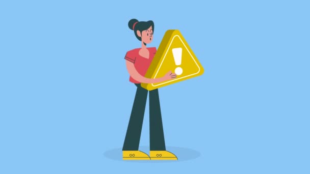 Woman Lifting Alert Signal Yellow Triangle Video Animated — Stockvideo