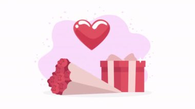 heart love with gift and flowers icons ,4k video animated