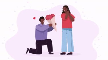 afro lovers couple with flowers bouquet ,4k video animated