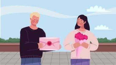 lovers couple with flowers and envelope ,4k video animated