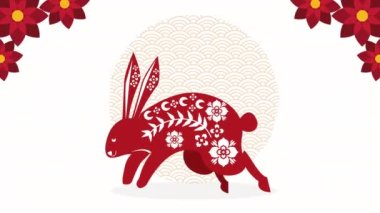 chinese new year red rabbit and floral frame ,4k video animated