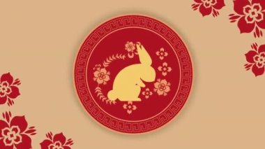chinese new year, asian red flowers with golden rabbit ,4k video animated