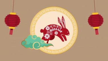 chinese new year red rabbit and lamps ,4k video animated
