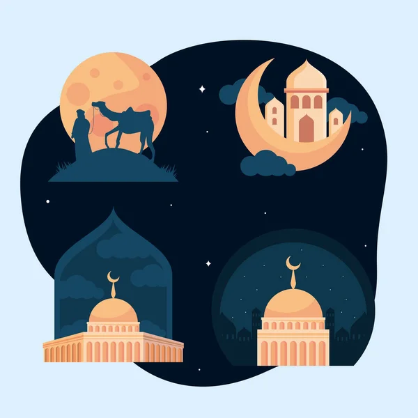 Mosque Buildings Moons Icons — Vector de stock