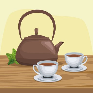 tea drinks in wooden table icons