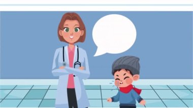 Küçük çocuk kadın doktor animasyonuyla hasta, 4k video animasyonu