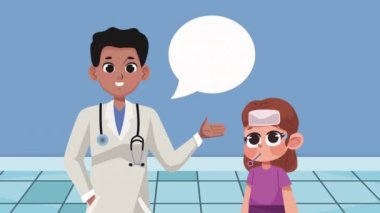 Erkek doktor animasyonu olan küçük kız hasta, 4k video animasyonu.