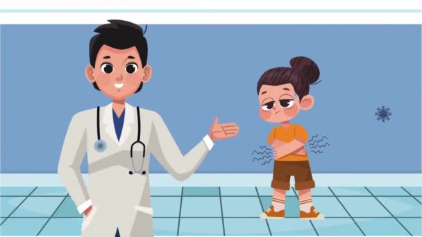 Little Girl Sick Male Doctor Animation Video Animated — Video