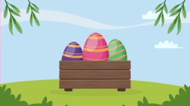 Tahta sepete boyanmış bahar yumurtaları, 4k video animasyonu.