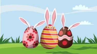 Tavşan kulaklı bahar yumurtası sahnesi, 4K video animasyonu