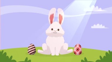 Tavşanla boyanmış bahar yumurtaları, 4k video animasyonu.