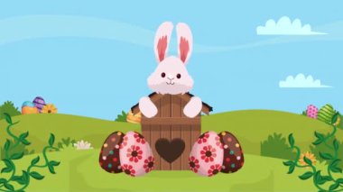 Ahşap evde yumurta ve tavşan, 4k video animasyonu.