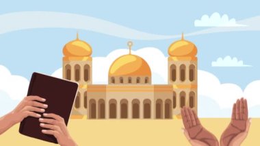 Kutsal Kur 'an kitabı ve camii, 4k video animasyonu