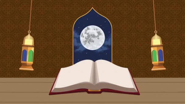 Gouden Arabische Lampen Met Heilige Koran Boek Video Geanimeerd — Stockvideo