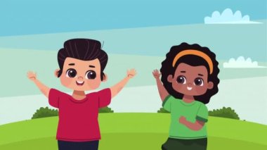 interracial kids couple characters animation ,4k video animated