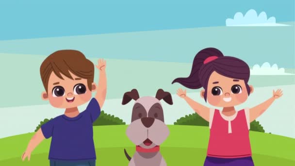 Little Kids Couple Dog Video Animated — Vídeo de stock