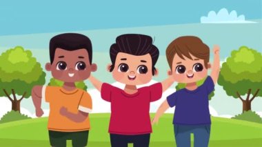 Manzaradaki ırklar arası küçük çocuklar, 4k video animasyonu