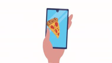 Akıllı telefondaki İtalyan pizza kawaii karakteri, 4K video animasyonu.