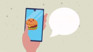 Akıllı telefondan hamburger, fast food kawaii, 4K video animasyon.