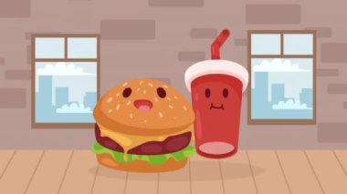 Hamburger ve soda kawaii karakterleri, 4k video animasyonu